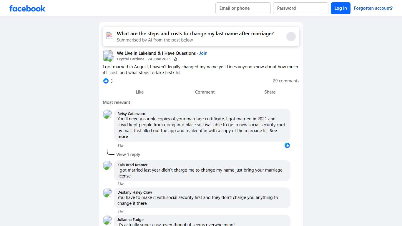 We Live in Lakeland & I Have Questions I got married in August, I haven’t legally changed my name yet Facebook